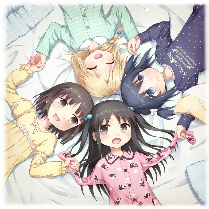 4girls :d ^_^ ahoge amputee animal_print arm_up armless_amputee arms_up bed_sheet black_hair blue_bow blue_eyes blue_hair blunt_bangs blush bob_cut border borrowed_character bow braid buttons child circle_formation closed_eyes closed_mouth clothes_writing collarbone collared_shirt dark_blue_hair dot_nose double_amputee english_text eye_contact fading_border flower frilled_sleeves frills green_pajamas green_shirt hair_bobbles hair_bow hair_flower hair_ornament hair_spread_out hand_up happy heads_together highres holding holding_hands indoors juliet_sleeves light_particles long_hair long_sleeves looking_at_another looking_to_the_side lying mole mole_under_eye multiple_girls no_arms on_back open_mouth original pajamas pink_pajamas pink_shirt plaid polka_dot polka_dot_pajamas polka_dot_shirt print_shirt puffy_sleeves purple_pajamas purple_shirt rabbit_print shirt short_hair short_twintails side_braid single_braid sleeve_garter smile star_(symbol) star_print striped_clothes striped_pajamas striped_shirt tareme twintails two_side_up upper_body upside-down vertical_stripes w_arms white_border wing_collar yellow_pajamas yuyuzuki_(yume_usagi)