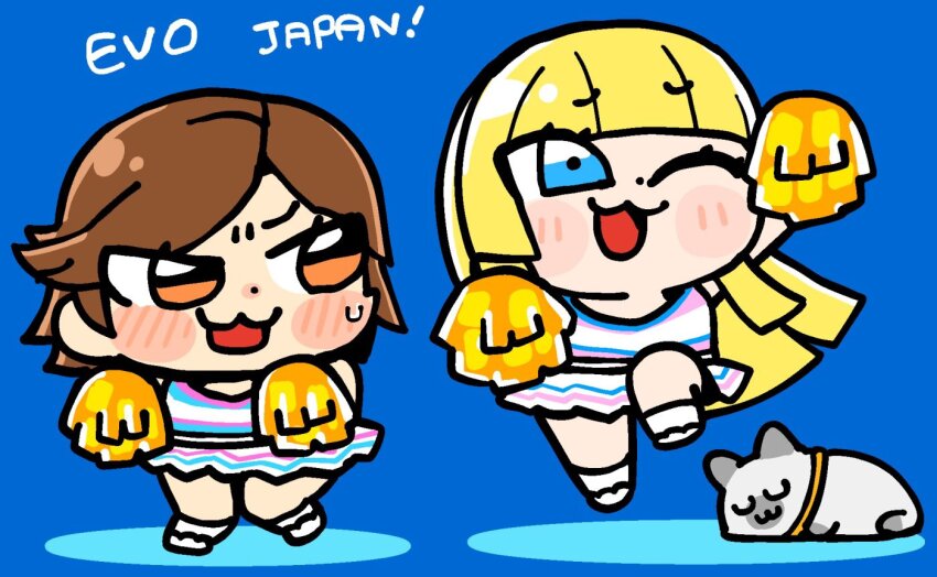 2girls :3 :d ;3 ;d animal arm_up bkub blonde_hair blue_background blue_eyes blunt_bangs blunt_ends blunt_sidelocks blush brown_hair cat cheering cheerleader chibi chibi_only dot_nose emilie_de_rochefort evolution_championship_series furrowed_brow hime_cut holding holding_pom_poms jumping kazama_asuka leg_up long_hair looking_at_another midair miniskirt multiple_girls one_eye_closed open_mouth orange_eyes pom_pom_(cheerleading) pom_poms salt_(tekken) short_hair siamese_cat sidelocks simple_background skirt smile sweat tank_top tekken v-shaped_eyebrows