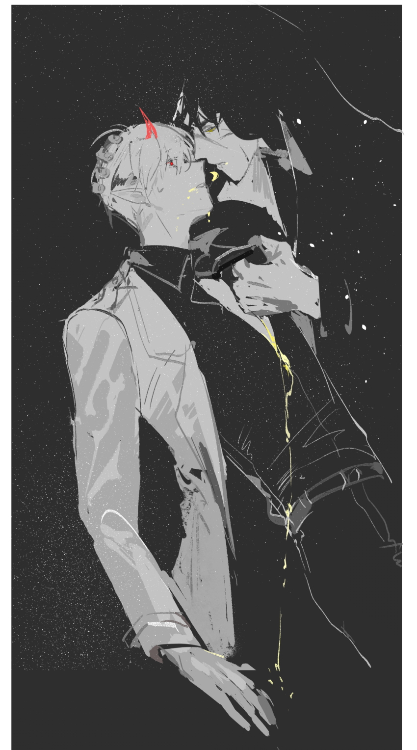 2boys arched_back black_hair black_shirt border cloak coat collared_shirt crescent_moon demon_horns drawn_horns drooling from_side gripping_clothes hair_between_eyes hand_on_another&#039;s_head highres hood hood_up horns imminent_kiss kim_dokja lantercat leaning_forward looking_at_another moon multiple_boys multiple_scars official_alternate_costume omniscient_reader&#039;s_viewpoint outline outstretched_arm partially_colored partially_invisible pointy_ears scar scar_on_face secretive_plotter shirt sketch sky star_(sky) starry_sky white_border white_coat white_hair white_outline yellow_eyes