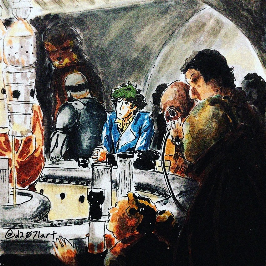 chewbacca cowboy_bebop crossover cup d2071 dannik_jerriko drinking_glass green_hair highres jet_black multiple_boys parody ponda_baba spike_spiegel star_wars wookiee wuher_(star_wars)
