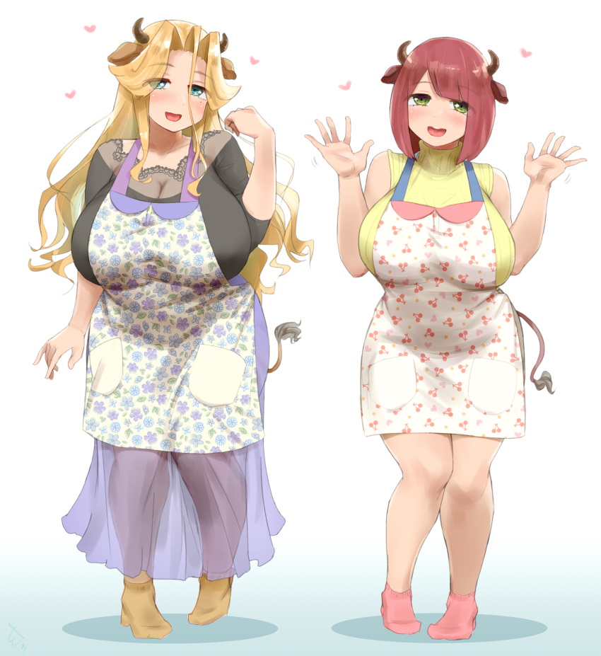 2girls animal_ears apron bare_shoulders blonde_hair blue_eyes blush breasts cherry_print cleavage cow_ears cow_girl cow_horns cow_tail curly_hair curvy eyes_visible_through_hair flower_print food_print fruit_print green_eyes hair_between_eyes heart highres horns huge_breasts ikinari_mojio large_breasts legs long_hair looking_at_viewer miniskirt monster_girl multiple_girls no_nose open_mouth original pink_footwear pocket red_hair see-through_clothes see-through_skirt shiny_skin short_hair skirt smile standing tail thick_thighs thighs w_arms wide_hips yellow_footwear