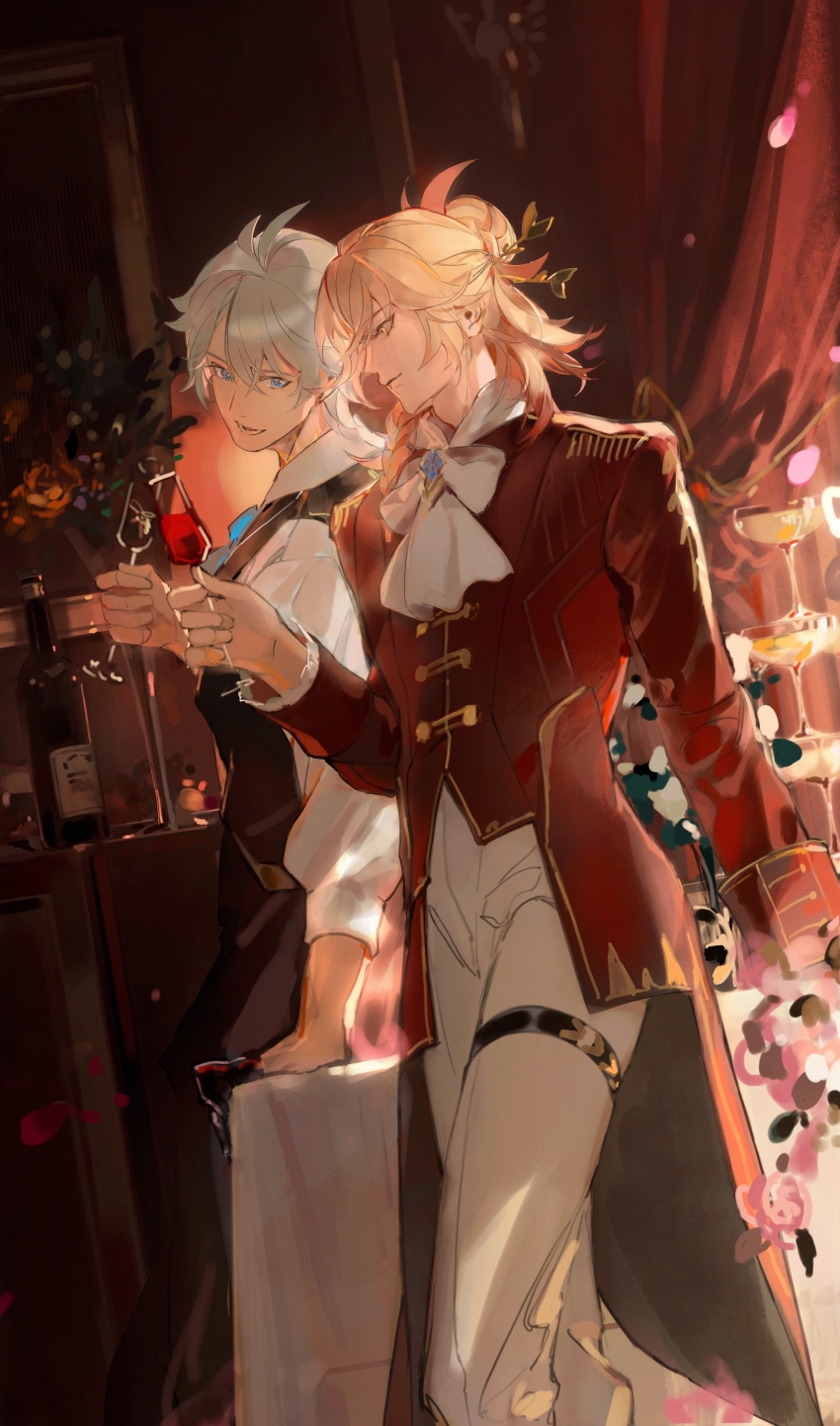 2boys 40080028157 absurdres alcohol antenna_hair arm_support ascot black_pants black_vest blonde_hair blue_eyes braid chinese_commentary collared_shirt commentary_request cup drinking_glass gradient_hair hair_between_eyes highres holding holding_cup honkai:_star_rail honkai_(series) jacket long_sleeves male_focus medium_hair multicolored_hair multiple_boys mydei_(honkai:_star_rail) open_mouth pants phainon_(honkai:_star_rail) red_hair red_jacket shirt short_hair side_braid thigh_strap toasting_(gesture) vest white_ascot white_hair white_pants white_shirt wine wine_glass yellow_eyes