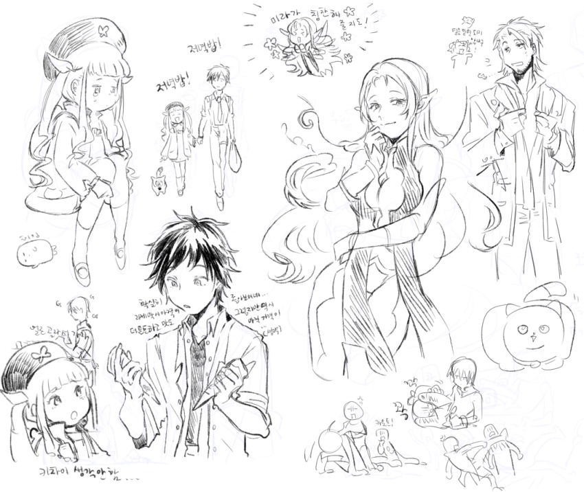 alvin_(tales) animal beard breasts cat coat crying elize_lutus elle_mel_martha closed_eyes facial_hair holding_hands happy hat jude_mathis korean_text leia_rolando long_hair ludger_will_kresnik rollo_(tales) monochrome multiple_boys multiple_girls muzet_(tales) necktie om_(pixiv2876411) open_mouth pants pointy_ears scarf shoes short_hair simple_background tagme tales_of_(series) tales_of_xillia tales_of_xillia_2 tears teepo_(tales) twintails white_background wings