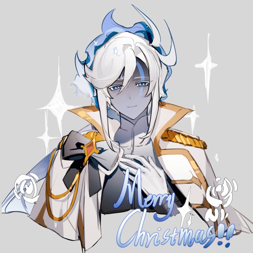 1boy absurdres black_bow blue_eyes blue_hair blue_skin bow cape closed_mouth colored_skin cookie_run cookie_run:_kingdom gloves gradient_skin grey_background hand_on_own_chest highres humanization medium_hair merry_christmas multicolored_hair official_alternate_costume senlly_2507 simple_background smile solo stardust_cookie stardust_cookie_(embroidered_starlight) turtleneck two-tone_hair upper_body white_cape white_eyeliner white_gloves white_hair