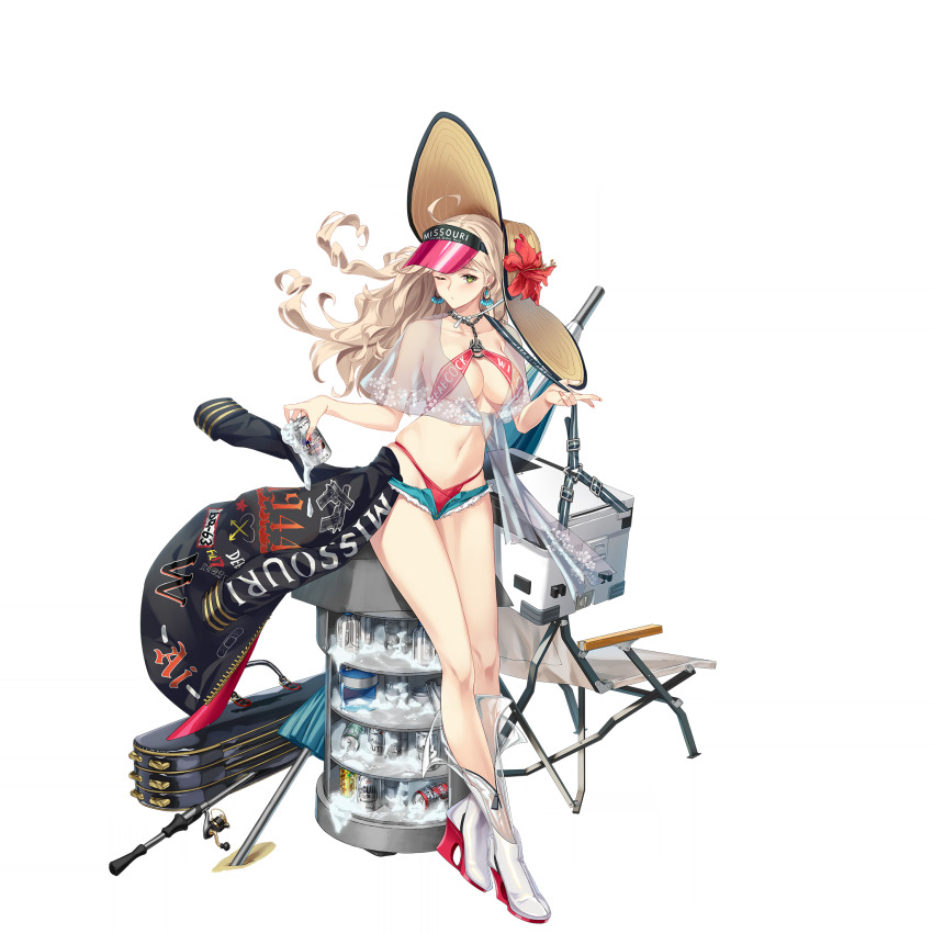 1girl anchor beach_chair beach_towel bikini black_jacket blonde_hair boots breasts can chain choker cooler drink drink_can earrings green_eyes hat high_heel_boots high_heels highres holding holding_drink jacket jewelry large_breasts long_hair looking_at_viewer missouri_(warship_girls_r) official_alternate_costume official_art one_eye_closed red_bikini red_thong ship_turret short_shorts shorts sling_bikini_top solo standing swimsuit towel transparent_background unworn_jacket warship_girls_r zi_se