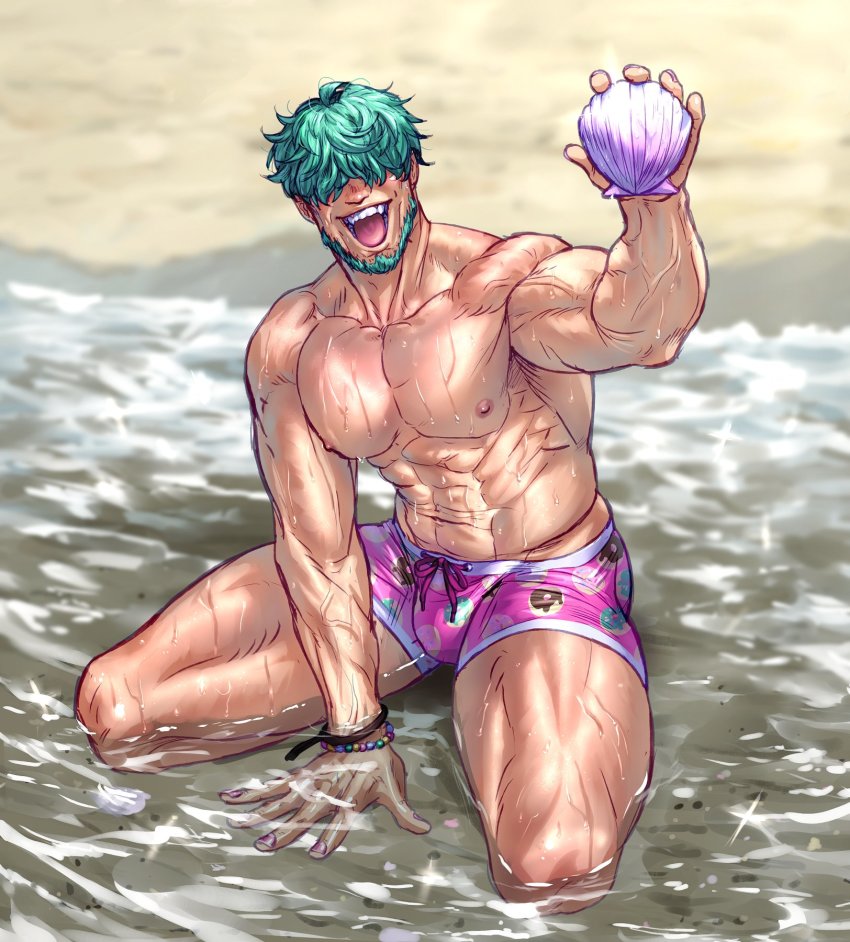 1boy abs aqua_hair bara beach bracelet carless_(ppanic) covered_eyes day facial_hair fire_emblem fire_emblem:_the_blazing_blade fire_emblem_cipher hair_over_eyes highres holding jewelry large_pectorals lowen_(fire_emblem) male_focus male_swimwear muscular muscular_male navel nintendo nipples open_mouth outdoors pectorals pink_male_swimwear seashell shell short_hair smile solo swim_briefs topless_male water