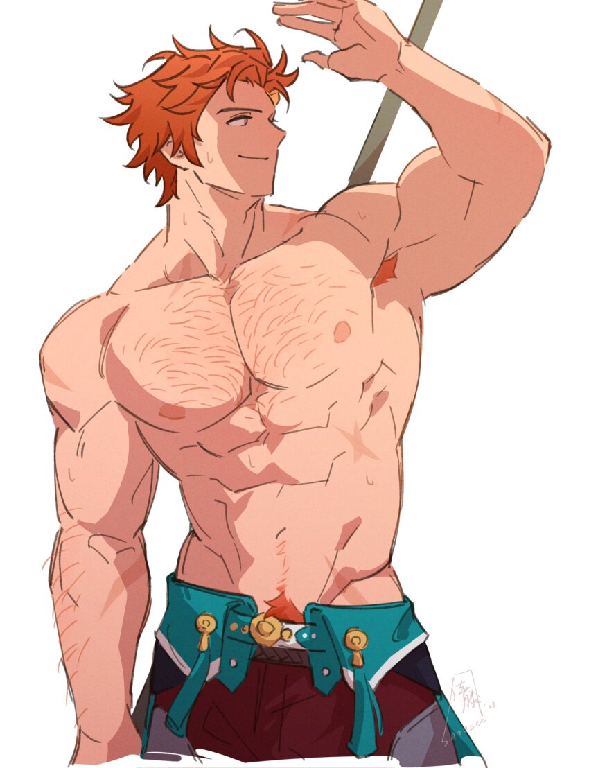 abs arm_hair arm_up armpit_hair belt chest_hair collarbone cropped_legs dated fire_emblem fire_emblem:_three_houses green_belt groin highres looking_to_the_side male_focus male_pubic_hair muscular muscular_male nintendo nipples orange_hair pants pectorals polearm profile pubic_hair red_pants satodee scar scar_on_arm scar_on_chest scar_on_shoulder shaded_face short_hair signature simple_background smile sylvain_jose_gautier sylvain_jose_gautier_(summer) topless_male twitter_username wavy_hair weapon white_background