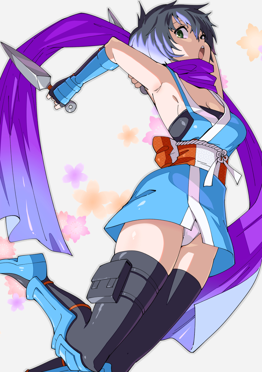 1girl absurdres azami_(saga) black_hair black_thighhighs breasts cleavage fingerless_gloves foot_out_of_frame gloves highres japanese_clothes ninja open_mouth panties romancing_saga_2 saga scarf short_hair solo thighhighs toku_sonchou underwear weapon white_panties