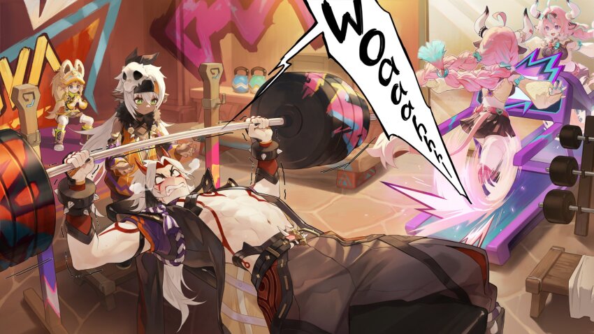 1boy 3girls :d animal_ears animal_skull arataki_itto bandana bandana_around_neck barbell bench_press black_headband black_nails black_pants black_shorts black_skirt blonde_hair body_markings clenched_teeth commentary cow_girl cow_horns cow_tail detached_sleeves english_commentary fingernails genshin_impact green_bandana green_eyes headband highres horns iansan_(genshin_impact) kachina_(genshin_impact) long_hair looking_at_another lying masa_ashe multiple_girls nail_polish navel official_art on_back open_mouth orange_visor outstretched_arms pants pleated_skirt running second-party_source shorts skirt smile squatting standing stomach tail teeth treadmill varesa_(genshin_impact) very_long_hair weight_rack weightlifting_belt white_hair yellow_sleeves