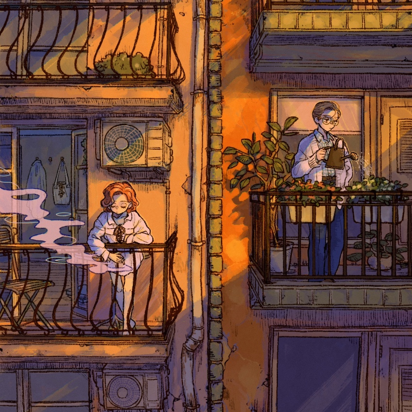 1boy 1girl bag balcony bare_legs belt belt_buckle blue_pants brown_belt brown_hair buckle building bush cardigan chair cigarette closed_eyes closed_mouth commentary commentary_request condenser_unit crossed_ankles denim english_commentary eyelashes flower folding_chair glass_door glasses highres holding holding_cigarette holding_watering_can jeans lead_pipe leaning_forward leaning_on_object long_sleeves medium_hair mixed-language_commentary morning nightgown open_cardigan open_clothes open_door orange_flower orange_hair original outdoors pants plaid_clothes plaid_shirt plant port_(portzzz) potted_plant procreate_(medium) railing round_eyewear shadow shirt short_hair slice_of_life slippers smoke smoking standing sunlight tree unworn_clothes water watering watering_can white_cardigan white_flower white_nightgown window