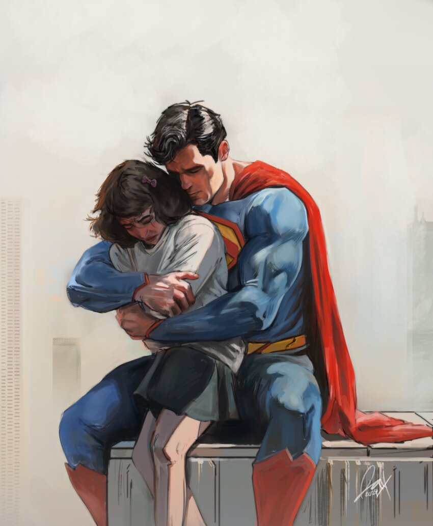 1boy 1girl blurry blurry_background bodysuit cape cityscape closed_eyes cloud cloudy_sky commentary crying dc_comics english_commentary full_body highres hug hug_from_behind imminent_suicide insignia jaxsonderr ledge muscular muscular_male red_cape scene_reference sitting skirt sky superhero_costume superman superman_(series) western_comics_(style) worried