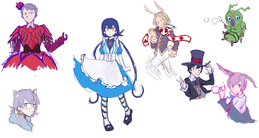 absurdres alice_in_wonderland amasawa_keisuke blue_hair digimon digimon_story:_cyber_sleuth digimon_story:_cyber_sleuth_hacker&#039;s_memory dress highres imai_chitose long_hair mikagura_mirei mishima_erika mishima_ryuji nogi_yu twintails very_long_hair wormmon yellow_eyes