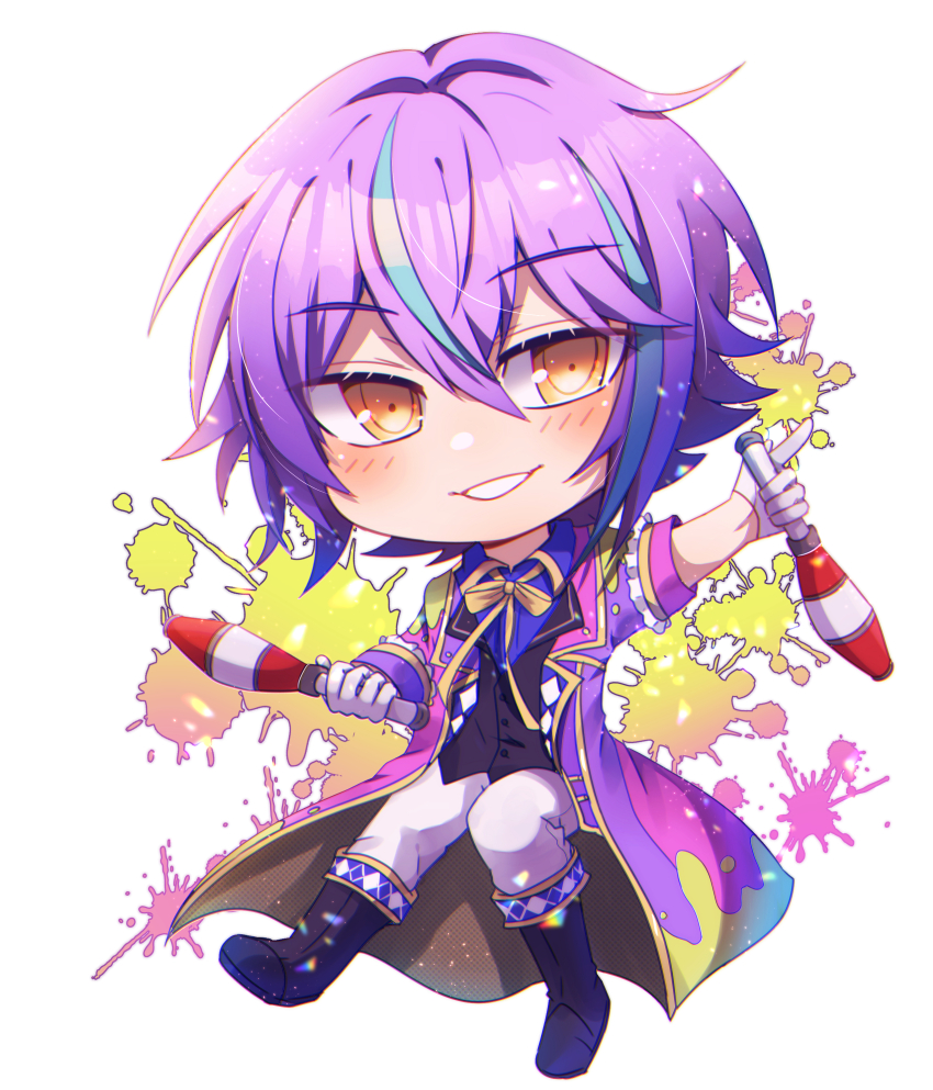 1boy absurdres black_boots black_vest blue_shirt blush boots chibi chibi_only collared_shirt commentary commission english_commentary full_body hair_between_eyes highres holding juggling_club kamishiro_rui male_focus multicolored_hair orange_eyes pants project_sekai ribbon shirt splatter streaked_hair vest white_pants x0vertime yellow_ribbon