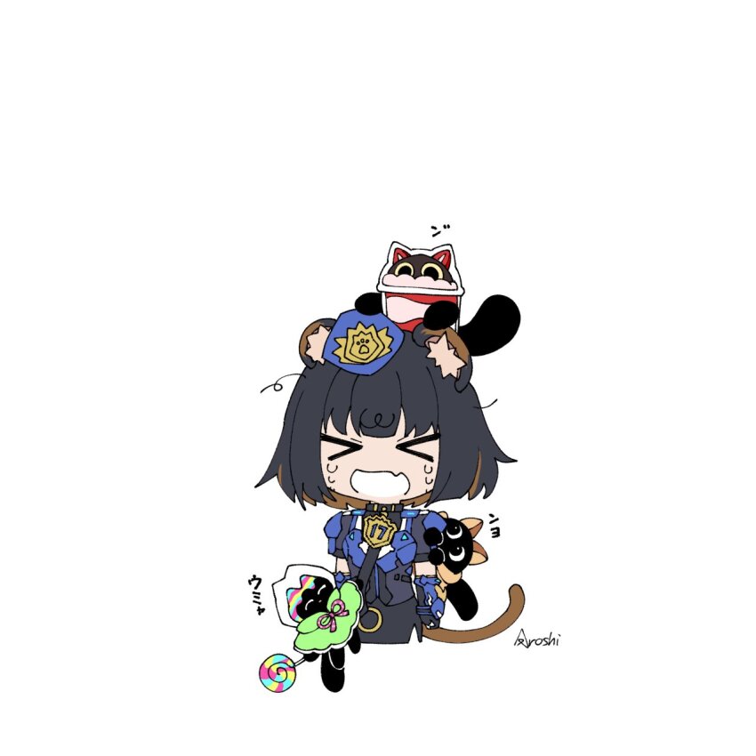 1girl animal_ears aroshi_ygo_0 artist_name black_hair blue_jacket brown_hair chibi colored_inner_hair cooky_yummy cupsie_yummy duel duel_monster hat highres jacket k9_-_#17_izuna kamaitachi_ears lollipo_yummy multicolored_hair police police_uniform policewoman short_hair two-tone_hair weasel_ears weasel_girl white_background yu-gi-oh!