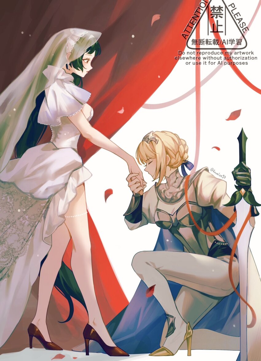 2girls artist_name astra_yao black_hair blonde_hair bridal_veil bride closed_eyes commentary dress english_commentary evelyn_chevalier from_side full_body hair_between_eyes highres holding holding_sword holding_weapon kiss kissing_hand knight kuro_lee long_hair looking_at_another multiple_girls official_alternate_costume parted_lips petals princess sidelocks standing sword veil weapon wedding_dress yuri zenless_zone_zero