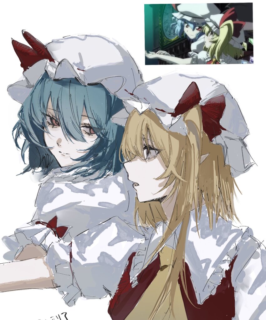 2girls anime_screenshot_inset ascot blonde_hair bow expressionless flandre_scarlet frilled_hat frills hair_between_eyes hair_bow hat highres kachimashita light_smile long_hair looking_at_another medium_hair mob_cap multiple_girls one_side_up parted_lips pointy_ears purple_hair red_bow red_eyes red_vest reference_inset remilia_scarlet shirt short_sleeves simple_background touhou vest white_background white_hat white_shirt yellow_ascot
