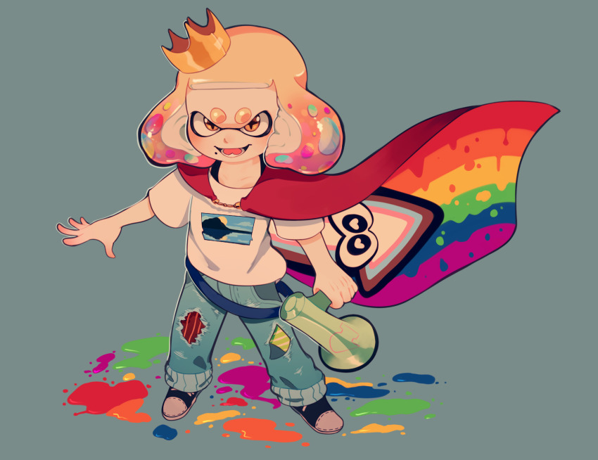 +_+ :d brown_eyes cape cephalopod_eyes clem_(calmeremerald) commentary crown denim english_commentary full_body highres jeans megaphone mole mole_under_eye mole_under_mouth nintendo open_mouth paint_splatter pants pearl_(splatoon) rainbow_flag shirt shoes smile splatoon_(series) standing tentacle_hair tilted_headwear torn_clothes white_shirt