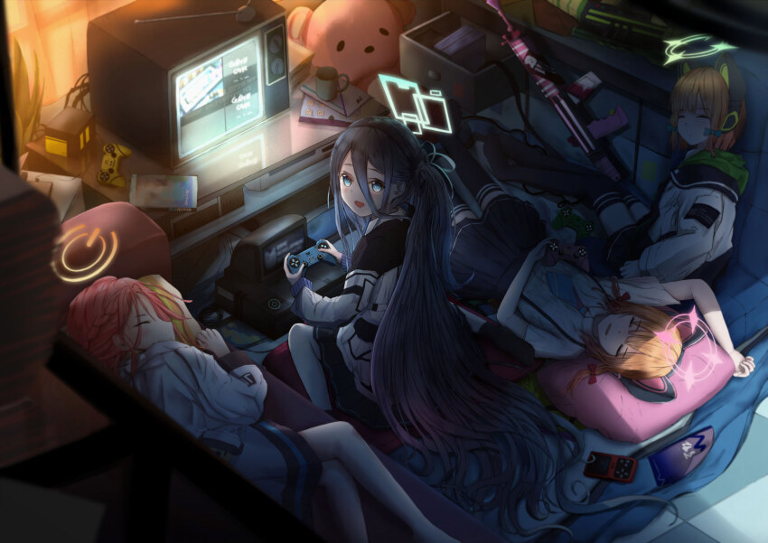 4girls aris_(blue_archive) battle_rifle black_hair black_hairband black_skirt black_thighhighs blonde_hair blue_archive blue_bow blue_necktie bow controller crt from_above game_controller game_development_department_(blue_archive) gun h&amp;k_g3 hair_between_eyes hair_bow hairband highres holding holding_controller holding_game_controller jacket kneeling long_hair looking_at_another lying midori_(blue_archive) momoi_(blue_archive) multiple_girls necktie on_back on_side one_side_up red_bow red_eyes rifle shirt sidelocks skirt sleeping thighhighs weapon white_jacket white_shirt wthjie yuzu_(blue_archive)