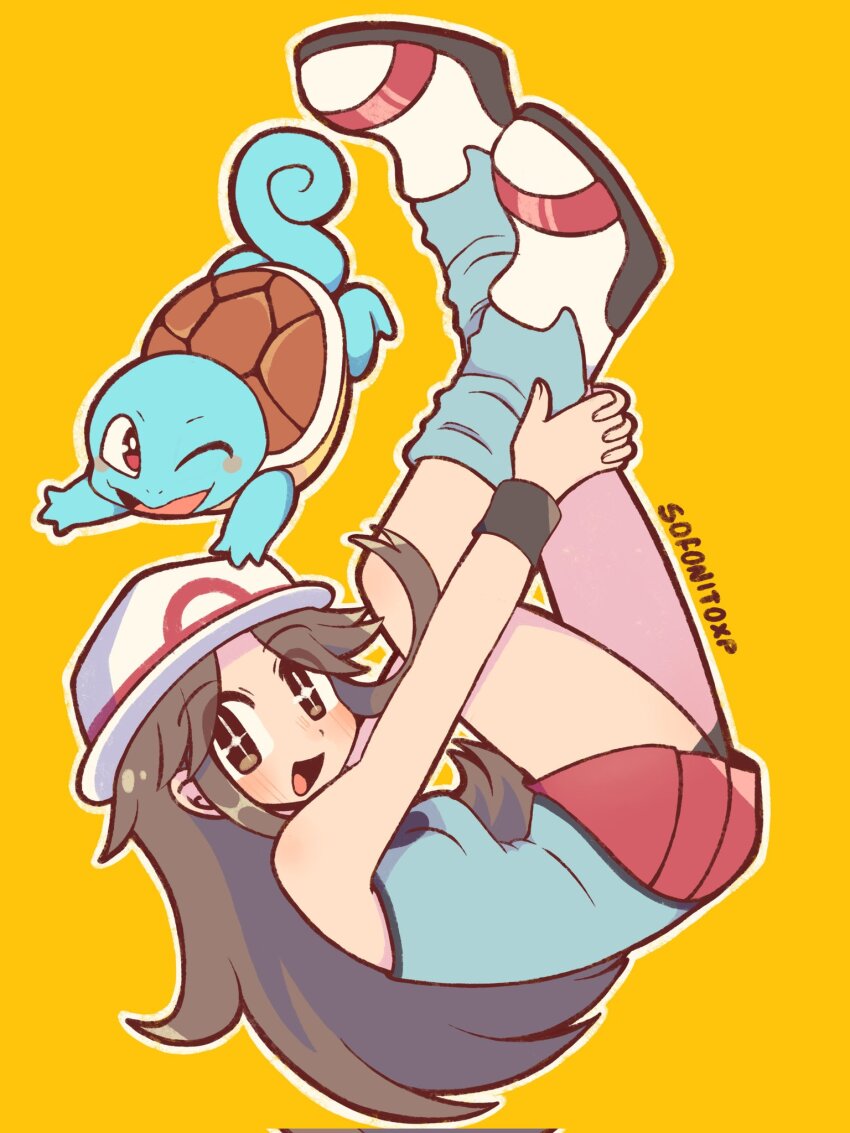 1girl 1other :d bare_shoulders blue_shirt breasts brown_eyes brown_hair full_body gen_1_pokemon hat highres leaf_(pokemon) leg_warmers long_hair looking_at_viewer medium_breasts nintendo open_mouth pleated_skirt pokemon pokemon_(creature) pokemon_frlg porkpie_hat red_skirt shirt shoes sign simple_background skirt sleeveless sleeveless_shirt smile sofo_soup squirtle white_hat white_shoes wristband yellow_background