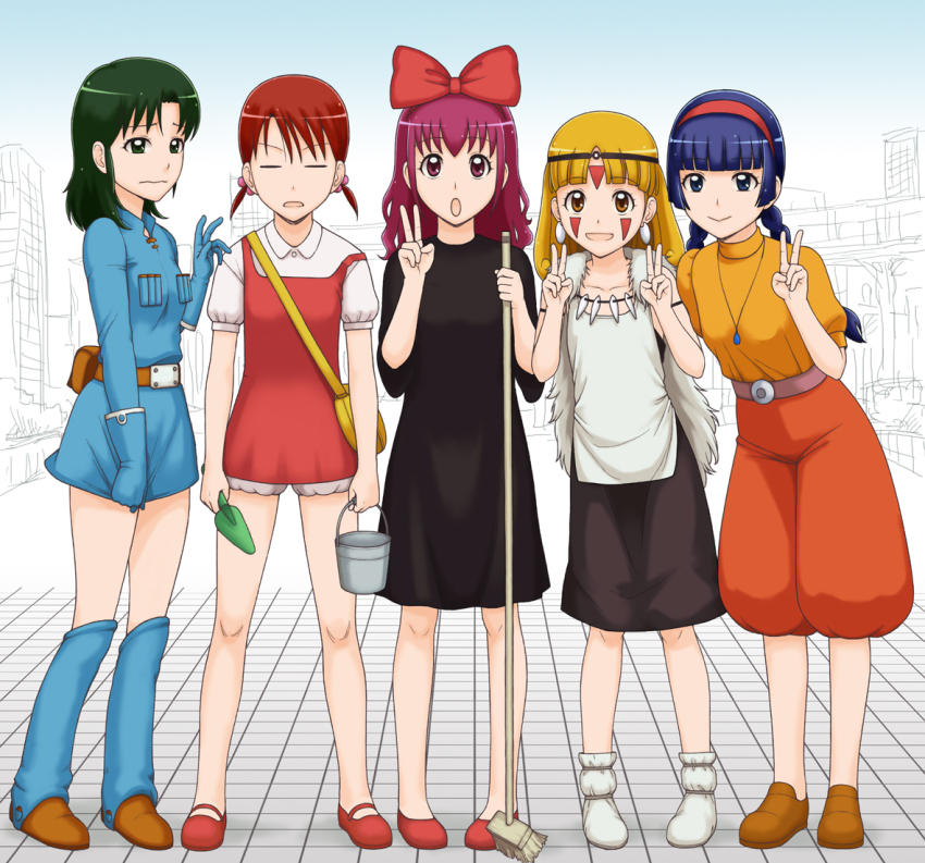 1980s_(style) 5girls :&gt; :d :o annoyed aoki_reika bare_legs belt blonde_hair blue_eyes blue_hair blunt_bangs boots bow braid broom brown_eyes brown_hair bucket circlet clothes_pull collarbone cosplay double_v dress dress_tug elenab embarrassed facepaint female_focus floor gaiters green_eyes green_hair hair_bow hairband hat headdress hime_cut hino_akane_(smile_precure!) holding hoshizora_miyuki jewelry kaze_no_tani_no_nausicaa kiki_(majo_no_takkyuubin) kiki_(majo_no_takkyuubin)_(cosplay) kise_yayoi kusakabe_mei kusakabe_mei_(cosplay) legs long_hair looking_at_viewer majo_no_takkyuubin midorikawa_nao mononoke_hime multiple_girls nausicaa nausicaa_(cosplay) no_socks oldschool open_mouth pants pendant pink_eyes pink_hair precure puffy_sleeves retro_artstyle road san san_(cosplay) san_(mononoke_hime) sheeta sheeta_(cosplay) shoes short_hair short_sleeves short_twintails sketch skirt skirt_pull smile smile_precure! standing strap_slip street studio_ghibli tenkuu_no_shiro_laputa twin_braids twintails v wavy_hair wavy_mouth