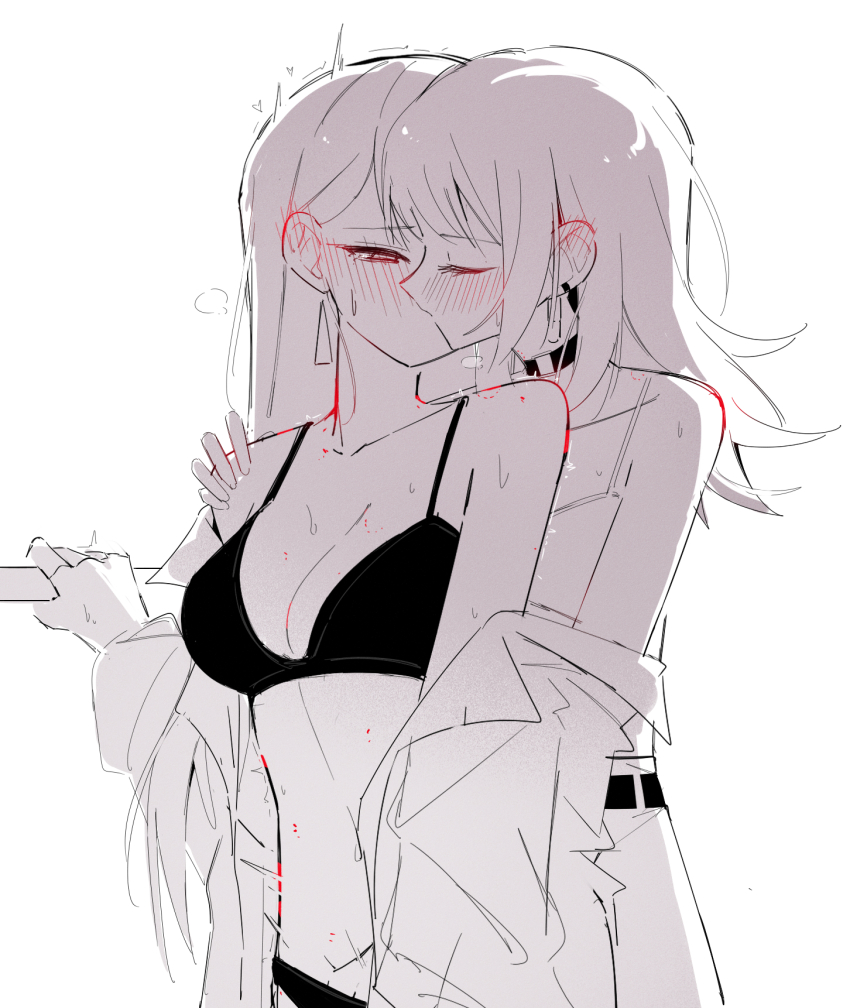 2girls bang_dream! bang_dream!_it&#039;s_mygo!!!!! bite_mark bite_mark_on_breast bite_mark_on_shoulder blush bra breasts camisole cleavage closed_eyes commentary_request ear_blush earrings greyscale half-closed_eyes hand_on_another&#039;s_shoulder highres jewelry kiss long_hair long_sleeves medium_breasts monochrome multiple_girls off_shoulder shiina_taki skirt spot_color sweat underwear yahata_umiri yuri zikiki1092