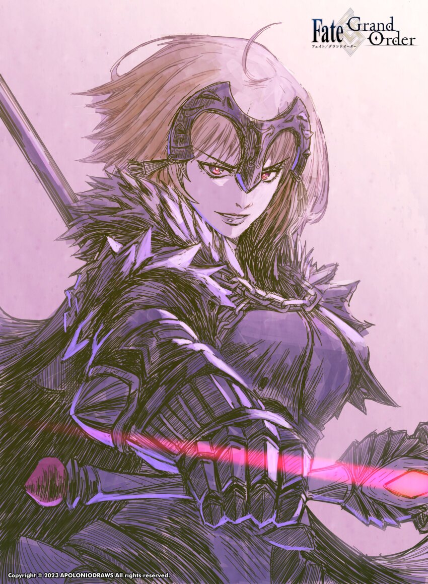 1girl absurdres ahoge apoloniodraws armor fate/grand_order fate_(series) highres holding holding_sword holding_weapon jeanne_d&#039;arc_alter_(fate) looking_at_viewer red_eyes short_hair smile solo sword weapon