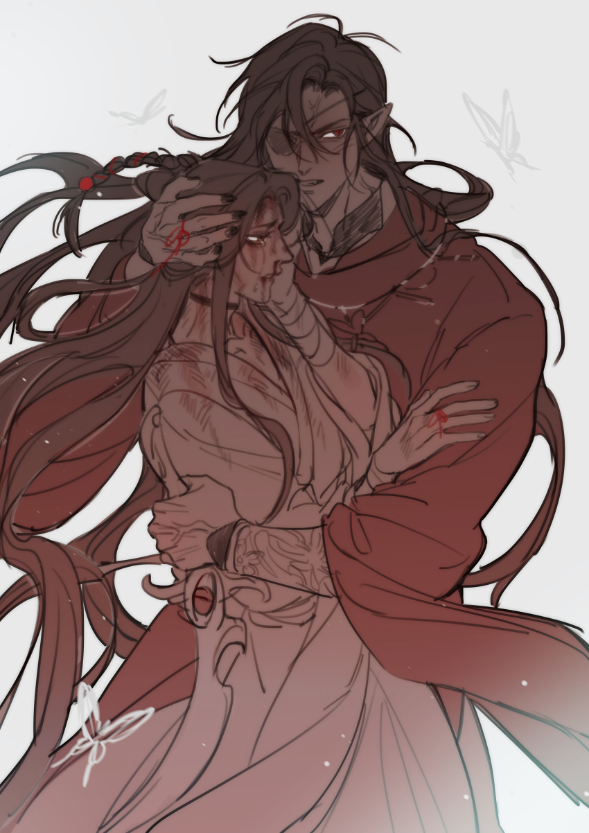 2boys absurdres bandaged_wrist bandages black_hair black_nails blood blood_from_mouth blood_on_clothes blood_on_face bracer braid bug butterfly chinese_clothes clenched_teeth crying crying_with_eyes_open cursed_shackle eyepatch fang hair_bun hand_on_another&#039;s_arm hand_on_another&#039;s_head hanfu highres holding holding_sword holding_weapon hua_cheng insect long_hair long_sleeves looking_ahead looking_down male_focus multiple_boys nosebleed pnj pointy_ears red_hanfu red_pupils scimitar simple_background standing sword tears teeth tianguan_cifu veins veiny_hands weapon white_background white_hanfu wide_sleeves xie_lian