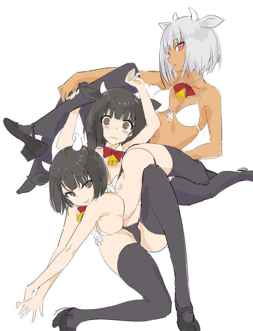 3girls animal_ears backboob bikini breasts brown_eyes brown_hair cow_ears cow_horns dark_skin highres horns kawagishi_keitarou multiple_girls orange_eyes short_hair silver_hair swimsuit thighhighs wagi