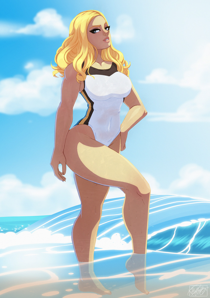 1girl alternate_costume alternate_hairstyle beach blonde_hair blue_eyes breasts cloud feet highres kolin lips medium_hair navel ocean one-piece_swimsuit parted_lips sky solo street_fighter street_fighter_v swimsuit thighs tovio_rogers two-tone_swimsuit water