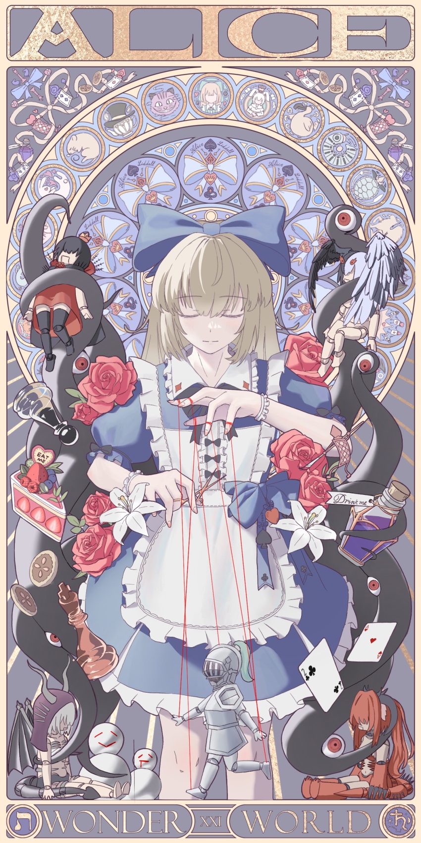 1girl absurdres ace_(playing_card) ace_of_diamonds ace_of_hearts alice_(black_souls) animalization apron armor bandersnatch_(black_souls) black_souls black_souls_2 blue_bow blue_dress blueberry bow cake cake_slice card character_name cheshire_cat_(black_souls) chess_piece chxulozsx closed_eyes closed_mouth club_(shape) collared_dress cookie cowboy_shot crown diamond_(shape) dodo_(black_souls) dormouse_(black_souls) dress drink_me_potion eat_me flower food frilled_apron frilled_dress frills fruit griffy_(black_souls) grimm_(black_souls) hair_bow hands_up head_wings heart highres holding holding_scissors jabberwock_(black_souls) jewelry king_(chess) lily_(flower) lorina_(black_souls) march_hare_(black_souls) margaret_von_tyrol_(black_souls) mock_turtle_(black_souls) mushroom node_(black_souls) playing_card puppet puppet_rings puppet_strings queen_(chess) raspberry red_flower red_rose ring rose saturn_symbol scissors shisha_(black_souls) snowman solo spade_(shape) spoilers strawberry tarot tentacles the_world_(tarot) two_of_clubs two_of_spades waist_bow white_apron white_flower wings wrist_cuffs