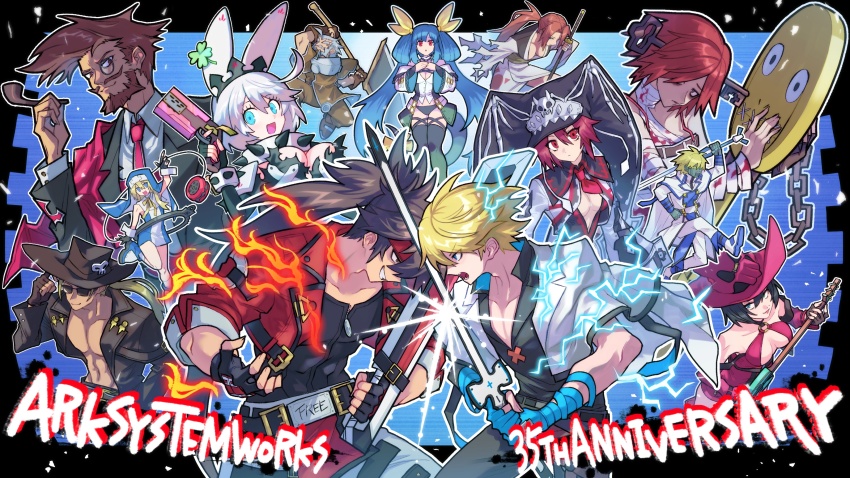 6+boys 6+girls a.b.a absurdres baiken black_gloves blonde_hair blue_eyes blush bridget_(guilty_gear) cuffs dizzy_(guilty_gear) elphelt_valentine fingerless_gloves gloves guilty_gear guilty_gear_strive guilty_gear_xrd guilty_gear_xx habit handcuffs highres i-no johnny_(guilty_gear) kum_jonryoku ky_kiske long_sleeves looking_at_viewer male_focus medium_hair multiple_boys multiple_girls nun open_mouth paracelsus_(guilty_gear) robo-ky slayer_(guilty_gear) smile snd_nanka sol_badguy trap valentine_(guilty_gear) yo-yo