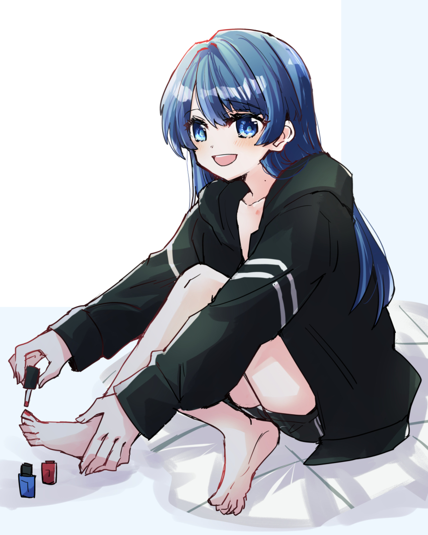 1girl :d applying_pedicure black_jacket black_shorts blue_eyes blue_hair blush collarbone commentary_request crossed_legs dark_blue_hair hair_down hickey highres holding_own_foot jacket kanduki_kamibukuro light_blush link!_like!_love_live! long_hair long_sleeves love_live! mole mole_on_neck murano_sayaka nail_polish on_bed open_mouth painting_nails painting_toenails partially_unzipped shorts sitting smile solo toenail_polish toenails