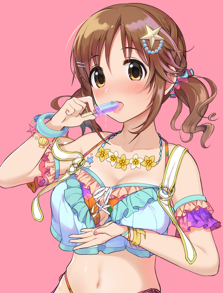 1girl bare_arms bare_shoulders bikini blush bracelet breasts brown_eyes brown_hair cleavage commentary_request flower flower_necklace food frilled_bikini frills hair_ornament hands_up highres idolmaster idolmaster_cinderella_girls idolmaster_cinderella_girls_starlight_stage jewelry large_breasts licking looking_at_viewer midriff natsuya_(natuya777) navel necklace pink_background popsicle simple_background solo star_(symbol) star_hair_ornament strap_slip swimsuit tongue tongue_out totoki_airi twintails upper_body
