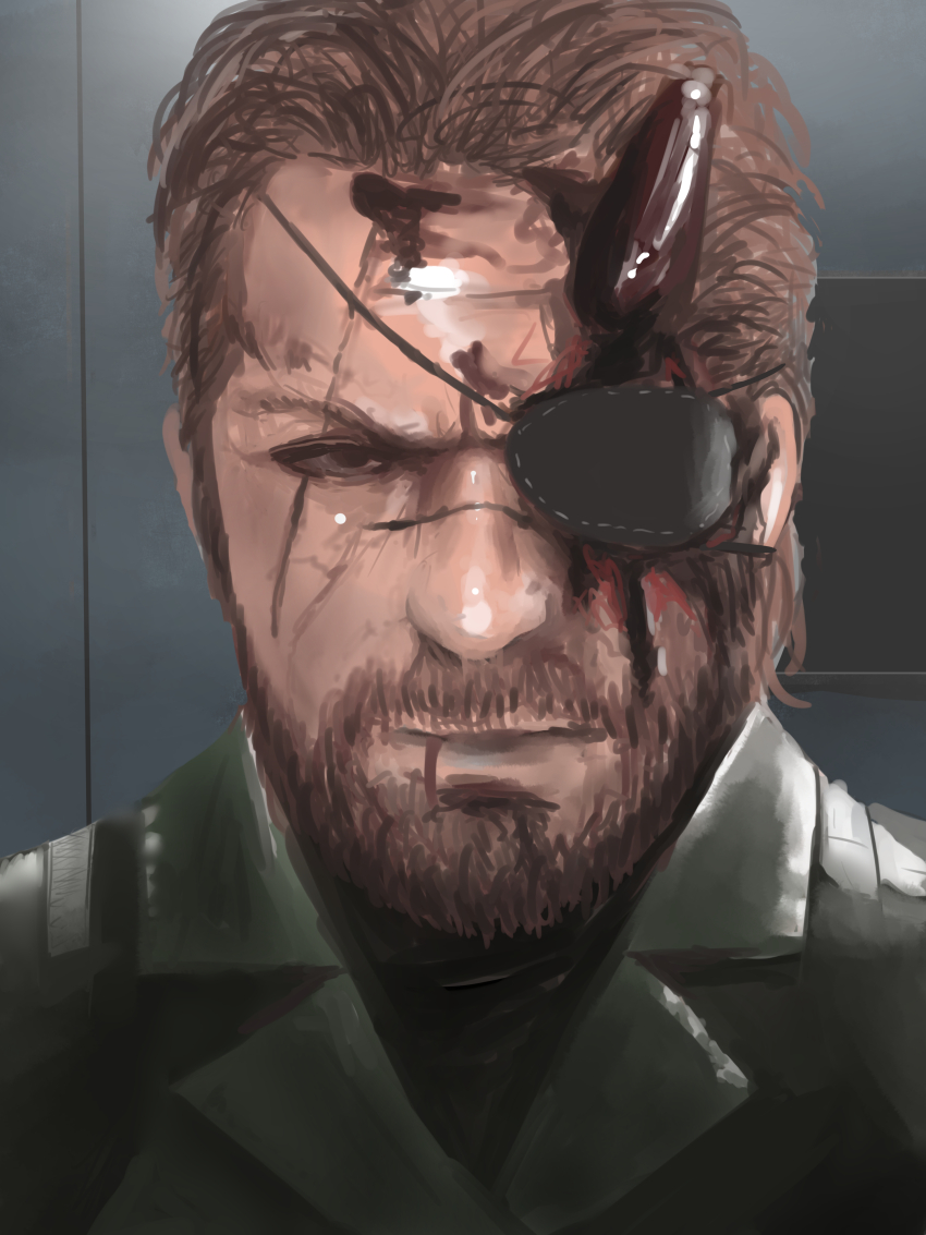1boy absurdres assha_(schector) beard blood blood_on_face brown_eyes brown_hair closed_mouth coat commentary_request eyepatch facial_hair green_coat highres looking_at_viewer male_focus metal_gear_(series) metal_gear_solid metal_gear_solid_v:_the_phantom_pain mustache portrait short_hair solo v-shaped_eyebrows venom_snake very_short_hair