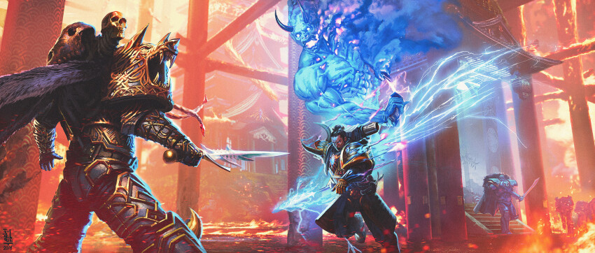 2016 5boys architecture armor armored_boots back bald black_legion blue_eyes bolter boots burning burning_building chest_jewel chonmage coat commentary commission earrings east_asian_architecture electricity english_commentary fighting fire forehead_jewel full_armor full_body fur_coat glowing glowing_eyes glowing_weapon gun helmet highres holding holding_gun holding_polearm holding_sword holding_weapon horns horus_lupercal ibrahem_swaid japanese_armor jewelry leman_russ lost_primarchs multiple_boys naginata oni oni_horns open_mouth original outdoors pauldrons polearm primarch running shoulder_armor signature skull_ornament solo space_marine space_wolves standing sword topknot warhammer_40k weapon
