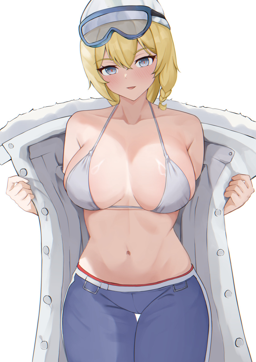 absurdres blonde_hair bra breasts fiftya girls&#039;_frontline girls&#039;_frontline_2:_exilium highres jacket large_breasts looking_at_viewer micro_bra mosin-nagant_(girls&#039;_frontline) mosin-nagant_(siberian_slide)_(girls&#039;_frontline_2) open_clothes open_jacket underwear