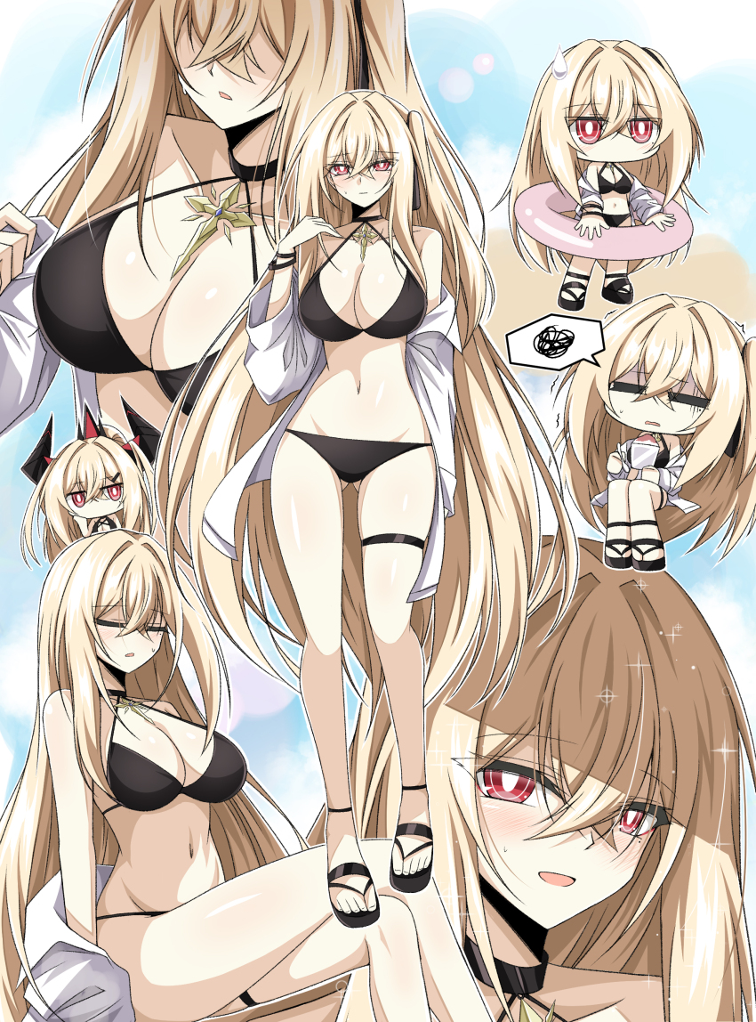 1girl :d absurdres alternate_costume alternate_hairstyle bare_shoulders bikini black_bikini black_footwear black_ribbon blurry blush bokeh brain_freeze breasts bright_pupils chibi chibi_inset cleavage commentary counter:side cross crossed_bangs crossed_legs cup d: demon_horns depth_of_field ecclesia_(counter:side) food full_body gluteal_fold hair_intakes hair_ribbon halterneck highres holding holding_cup holding_spoon holding_swim_ring horns innertube jazz9207 large_breasts long_sleeves looking_at_viewer lowleg lowleg_bikini mole mole_under_eye multiple_views navel off_shoulder one_side_up open_clothes open_mouth open_shirt pink_innertube red_eyes ribbon sandals shaved_ice shirt shirt_down sitting smile sparkle speech_bubble spoken_squiggle spoon squiggle standing stomach straight_hair sweatdrop swim_ring swimsuit thigh_strap white_pupils white_shirt