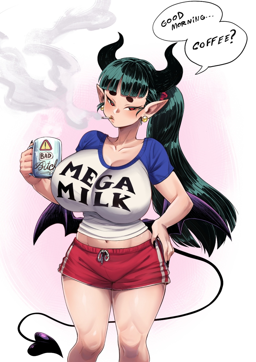 1girl breasts charlotte_(insouwu) cleavage coffee_mug cup demon_girl demon_horns demon_tail demon_wings earrings english_text green_hair hand_on_own_hip heart heart_tail highres holding holding_cup horns huge_breasts insouwu jewelry long_hair looking_at_viewer low_wings mega_milk midriff_peek mug nail_polish original pointy_ears ponytail red_eyes red_shorts shirt shirt_overhang short_eyebrows shorts smoking solo speech_bubble sphere_earrings tail thick_eyebrows wings