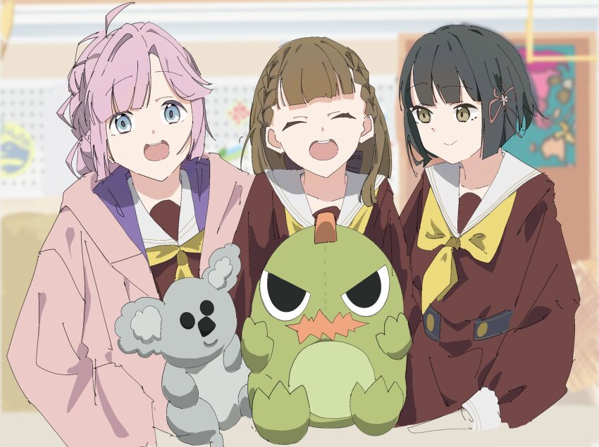 3girls :d ^_^ ahoge anyoji_hime black_bow black_hair blue_eyes blunt_bangs blunt_ends blurry blurry_background bob_cut bow braid brown_dress brown_eyes brown_hair center-flap_bangs closed_eyes commentary dress flower flower_knot gonzales_(love_live!) hair_bow hair_flower hair_intakes hair_ornament hasu_no_sora_school_uniform highres hood hooded_jacket in-universe_location indoors jacket kachimachi_kosuzu link!_like!_love_live! long_hair long_sleeves looking_at_another love_live! momose_ginko multi-tied_hair multiple_girls neckerchief open_clothes open_jacket open_mouth pink_hair pink_jacket ponytail round_teeth sailor_collar sailor_dress school_uniform short_hair side_braids sidelocks smile straight_hair stuffed_dinosaur stuffed_koala swept_bangs teeth upper_teeth_only v-shaped_eyes virtual_youtuber white_sailor_collar winter_uniform yellow_neckerchief zen66574227