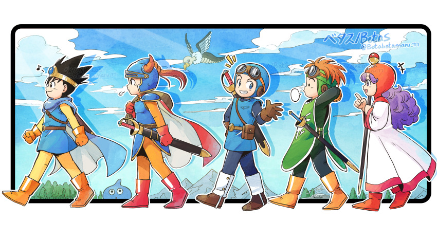 1girl 3others 4boys absurdres ancestor_and_descendant armor arms_behind_head bag betabetamaru black_eyes black_hair blue_armor blue_cape blue_eyes blue_helmet blue_sky blue_tunic bodysuit boots border brown_gloves cape chimaera_(dragon_quest) circlet clenched_hands commentary_request cousins curly_hair dragon_quest dragon_quest_i dragon_quest_ii dragon_quest_iii eighth_note fake_horns floating_cape from_side gloves goggles goggles_on_headwear gold_circlet grandfather_and_granddaughter grandfather_and_grandson green_tabard grin helmet hero_(dq1) hero_(dq3) highres holding holding_bag holding_staff horned_helmet horns liquid_metal_slime_(dq) long_hair looking_ahead looking_back mage_staff mountain multiple_boys multiple_others musical_note orange_bodysuit orange_boots orange_gloves orange_hair pointing prince_of_lorasia prince_of_samantoria princess_of_moonbrook profile puff_of_air purple_eyes purple_hair red_cape red_footwear red_gloves red_hood robe roto_(dq3) sheath sheathed short_hair sky slime_(dragon_quest) smile spiked_hair staff sword sword_on_back tabard tunic twitter_username two-sided_cape two-sided_fabric walking weapon weapon_on_back white_border white_cape white_robe