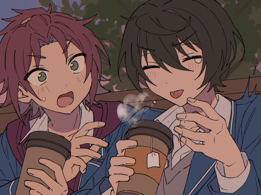 2boys bishounen black_hair blazer blue_jacket burnt_tongue closed_eyes collared_shirt cowlick cup curtained_hair disposable_cup dot_nose dusk ensemble_stars! facing_ahead foliage friends green_eyes grey_sweater_vest hair_between_eyes hands_up highres holding holding_cup hood hoodie isara_mao jacket jacket_over_hoodie long_sleeves looking_at_another looking_to_the_side male_focus motion_lines multiple_boys niyororinpayamaru on_bench open_clothes open_collar open_jacket open_mouth outdoors portrait reaching reaching_towards_another red_hair red_hoodie sakuma_ritsu school_uniform shirt short_hair shoulder-to-shoulder side-by-side sitting sky steam sweater_vest teabag tearing_up tongue tongue_out v-shaped_eyebrows white_shirt wide-eyed wing_collar yumenosaki_school_uniform