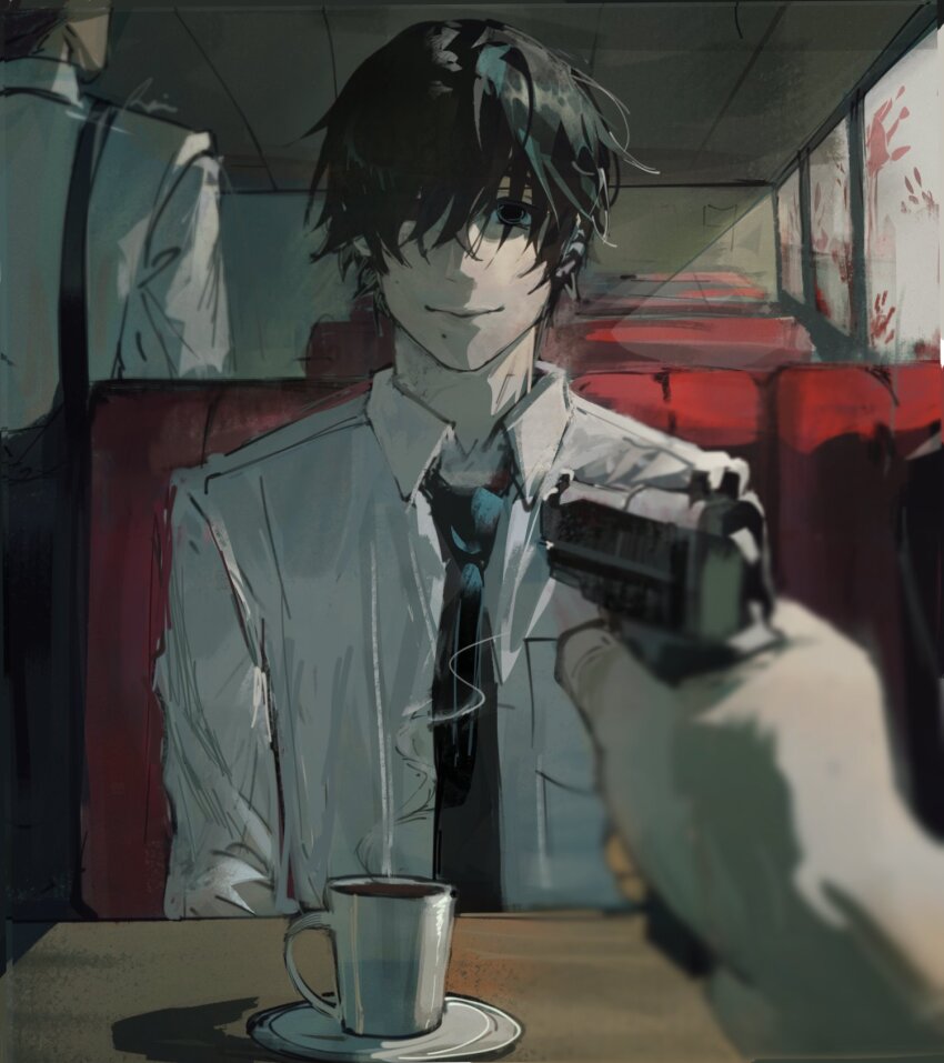 3boys black_eyes black_hair black_necktie blood_on_window bloody_handprints booth_seating chainsaw_man closed_mouth coffee coffee_mug cup denji_(chainsaw_man) dress_shirt gun hair_over_eyes handgun handprint highres holding holding_gun holding_weapon light_smile male_focus mole mole_under_eye mug multiple_boys necktie pov rain_(neporain) saucer shirt sitting solo_focus steam table weapon white_shirt window yoshida_hirofumi