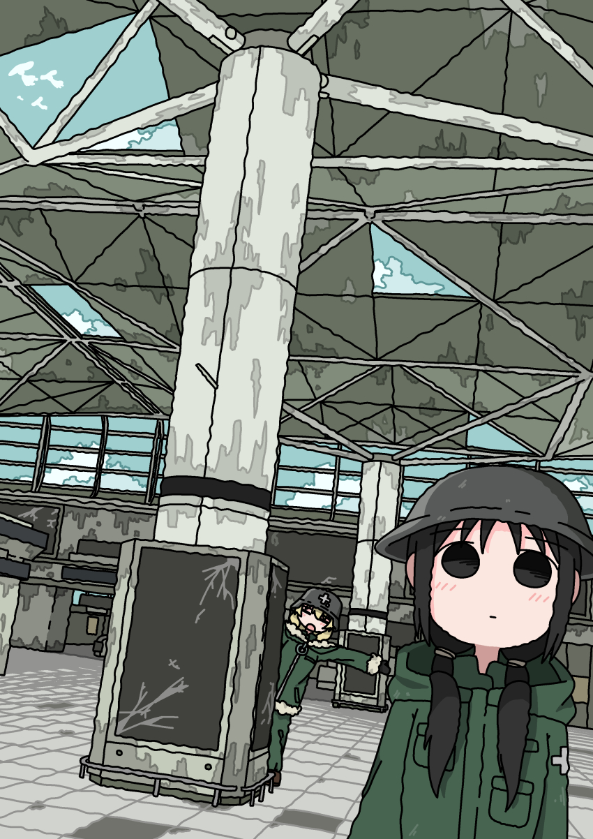 2girls :o :| abandoned absurdres arms_at_sides bilingual_commentary black_eyes black_hair blonde_hair blue_sky blush chito_(shoujo_shuumatsu_ryokou) closed_mouth combat_helmet commentary dilapidated emesan_desu english_commentary expressionless facing_viewer fur-trimmed_jacket fur_trim green_jacket hair_over_shoulder helmet highres hood hood_down hooded_jacket indoors jacket leaning_to_the_side long_sleeves looking_at_viewer low_twintails military_uniform mixed-language_commentary multiple_girls open_mouth outstretched_arm peeking_out post-apocalypse shoujo_shuumatsu_ryokou sky solid_circle_eyes tile_floor tiles twintails yuuri_(shoujo_shuumatsu_ryokou)