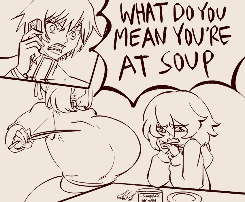 1boy 2girls breasts campbell&#039;s centurii-chan_(character) code_geass crossover derivative_work drawegg english_text furrowed_brow high_contrast highres holding holding_phone huge_breasts i&#039;m_at_soup_(meme) lelouch_vi_britannia lineart long_sleeves maid martha_(throtem) meme multiple_girls open_mouth original phone plate puckered_lips simple_background sitting speech_bubble spoon table tearing_up the_game_(meme) v-shaped_eyebrows white_background
