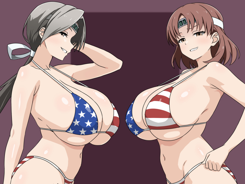 alternate_costume american_flag american_flag_bikini american_flag_print ass bikini breasts brown_eyes brown_hair chitose_(kancolle) chiyoda_(kancolle) ears flag_print grey_eyes grey_hair hair_ribbon hand_on_own_hip headband huge_breasts long_hair looking_at_viewer looking_to_the_side medium_hair navel ponytail print_bikini ribbon sideboob simple_background smile smirk swimsuit