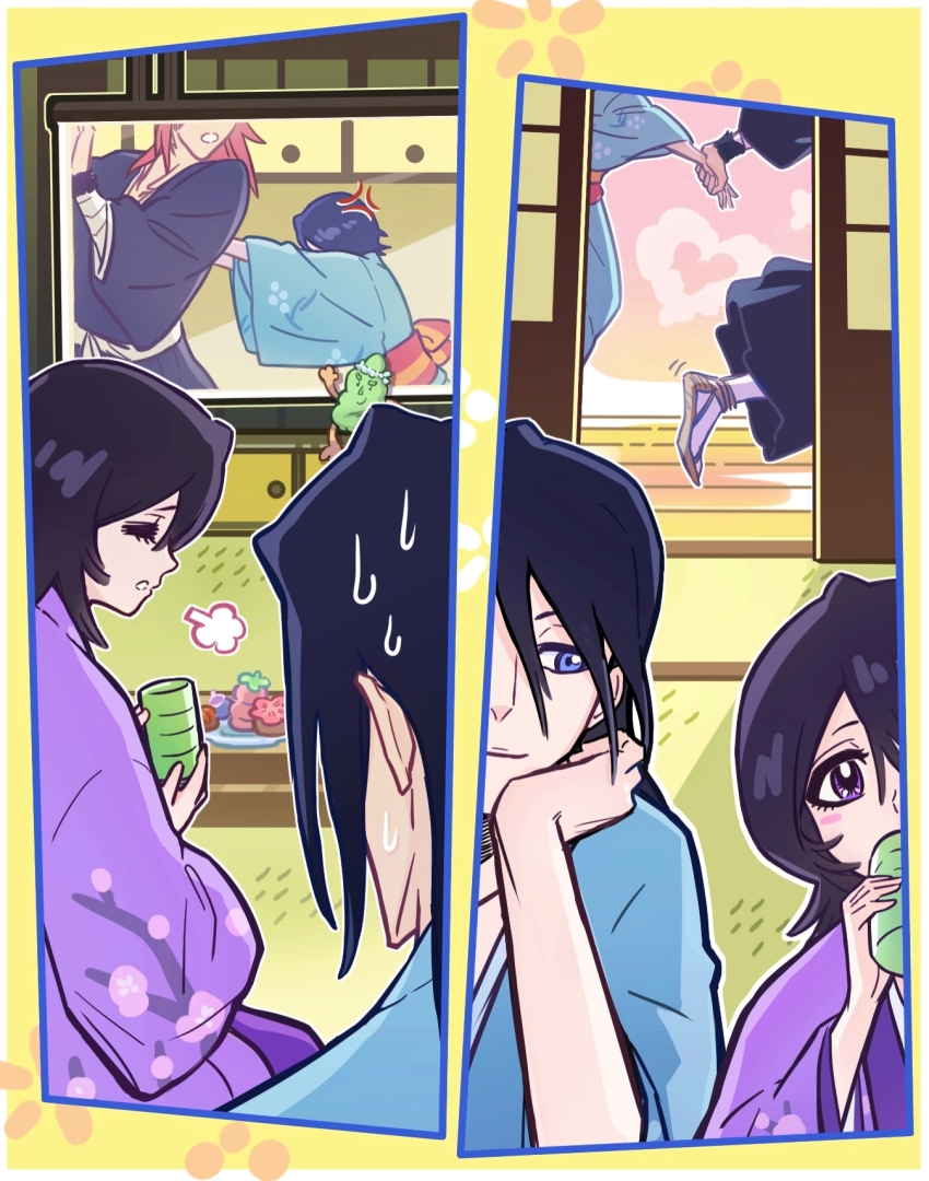 2boys 2girls abarai_renji anger_vein antatica11 black_hair bleach blue_eyes chinese_commentary closed_eyes commentary_request cup drinking food head_rest highres holding holding_another&#039;s_wrist holding_cup husband_and_wife kuchiki_byakuya kuchiki_hisana kuchiki_rukia multiple_boys multiple_girls parody plate purple_eyes pushing ranma_1/2 sandals shouji sliding_doors smile socks sweat tatami white_socks