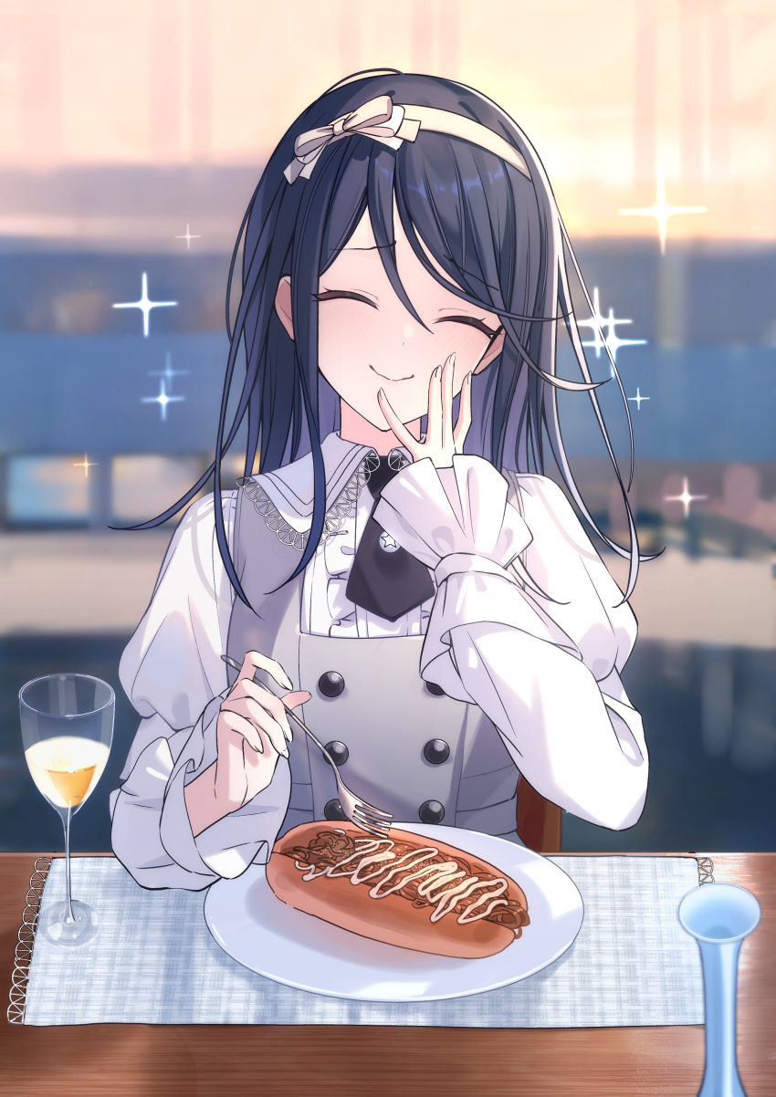 1girl absurdres black_necktie blue_hair blurry blurry_background closed_eyes closed_mouth commentary commentary_request cup dress drinking_glass fork frilled_dress frills hairband highres holding holding_fork hoshino_ichika_(project_sekai) hot_dog lace-trimmed_shirt_collar long_sleeves necktie project_sekai sitting smile solo sparkle table timmoo white_dress white_hairband