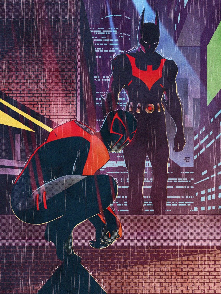 2boys batman batman_(series) batman_beyond black_bodysuit bodysuit city colin_craker crossover dc_comics highres looking_ahead male_focus marvel mask multiple_boys rain searchlight spider-man_(2099) spider-man_(series) squatting superhero_costume terry_mcginnis trait_connection