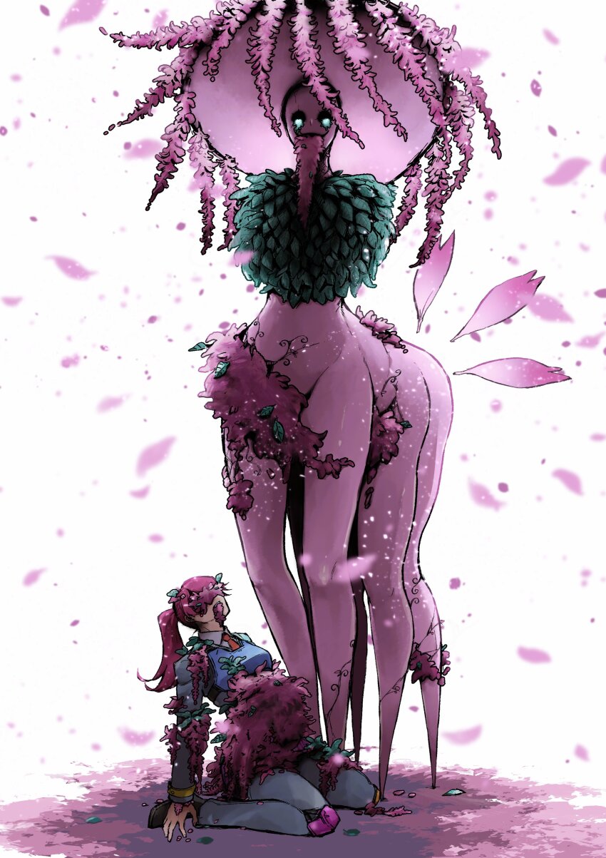 1girl absurdres alriune aqua_feathers blue_pants commentary death ecstasy_(e.g.o) employee_(project_moon) flower hat highres kneeling lobotomy_corporation long_hair looking_at_viewer monster nugget_(project_moon) open_mouth pants pink_flower pink_hair pink_hat ponytail project_moon simple_background white_background yatsumeunagi
