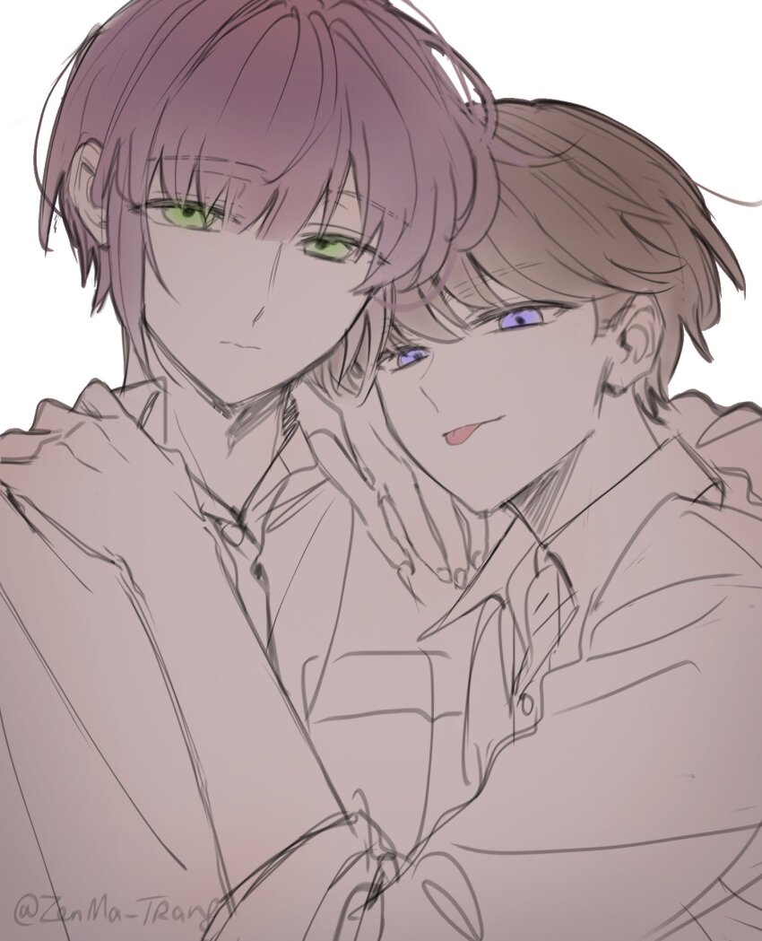 2boys 3: :p breast_pocket brown_hair closed_mouth collared_shirt commentary dress_shirt fujishima_megumi genderswap genderswap_(ftm) half-closed_eyes hands_on_another&#039;s_shoulders highres link!_like!_love_live! looking_at_viewer love_live! multiple_boys otomune_kozue pocket purple_eyes purple_hair school_uniform shirt short_hair simple_background single_sidelock tongue tongue_out twitter_username upper_body very_short_hair white_background white_shirt yaoi zenma_trang